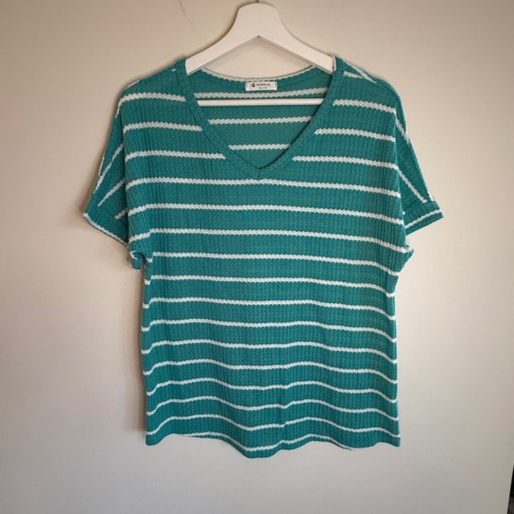 BomBom Teal Striped‎ V Neck Top Casual Short Sleeve Waffle Knit Relaxed Fit